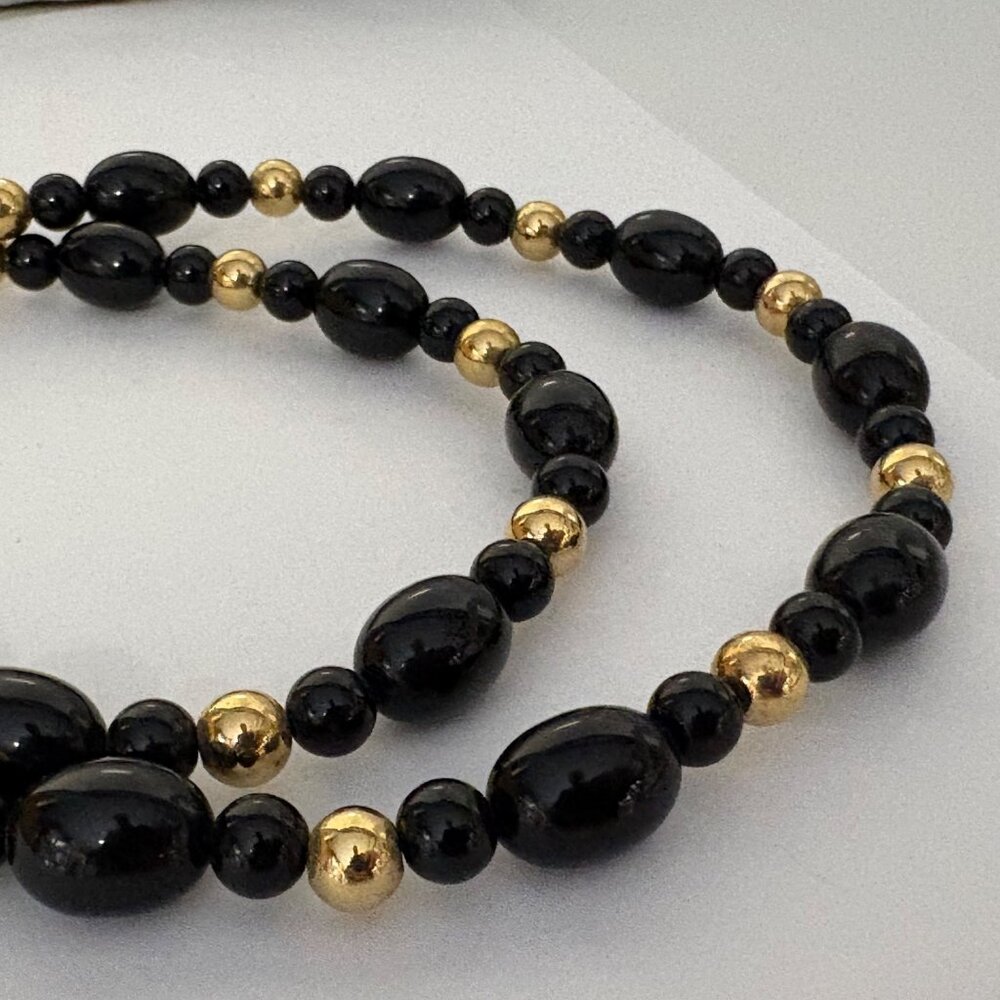 Black and Gold Tone Beaded Necklace Oval and Round Beads 30 in Classic Versatile